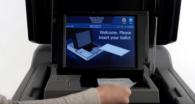 Animated white hand sets a white ballot card on a black and gray scanner