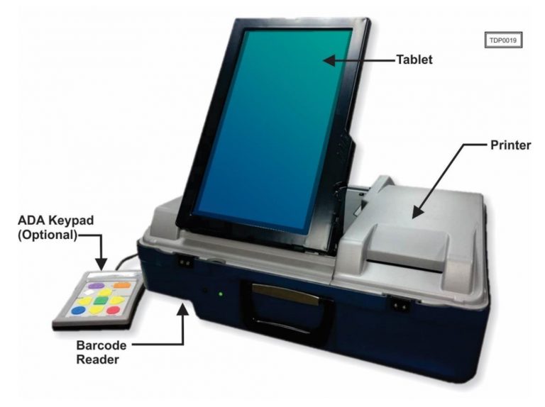 Voting machine with large, tall blue screen on blue and gray base