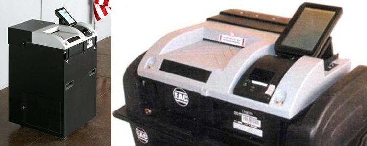Left half of image: Square black scanner with gray scanner slot and LCD touchscreen. Base include large door for accessing ballots. Right half of image: close up view of scanner, focused on gray ballot slot, LCD touch screen, and small black receipt printer below touch screen.