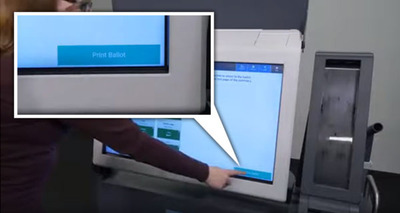 Voter points to bottom right corner of ExpressVote XL voting machine screen. A pop out shows the blue button on the screen reads "Print Ballot"