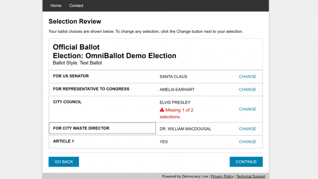 Democracy Live OmniBallot Online review screen