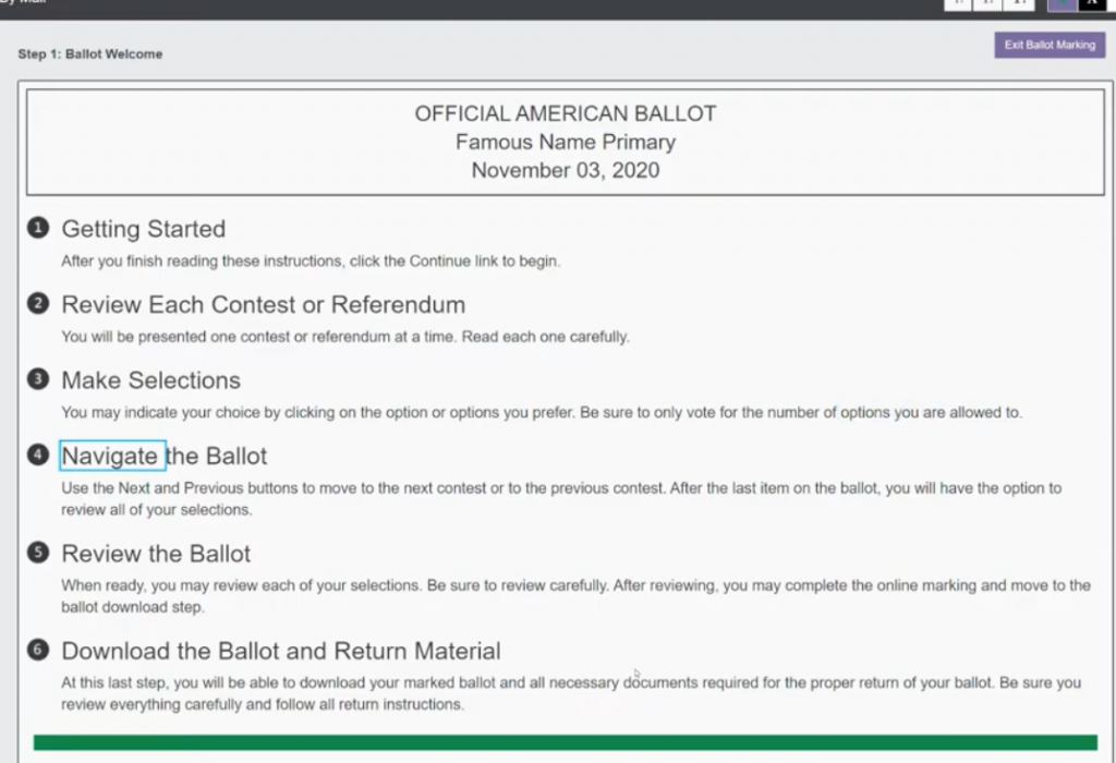VotingWorks Accessible Vote-by-Mail instruction screen VotingWorks Accessible Vote-by-Mail instruction screen