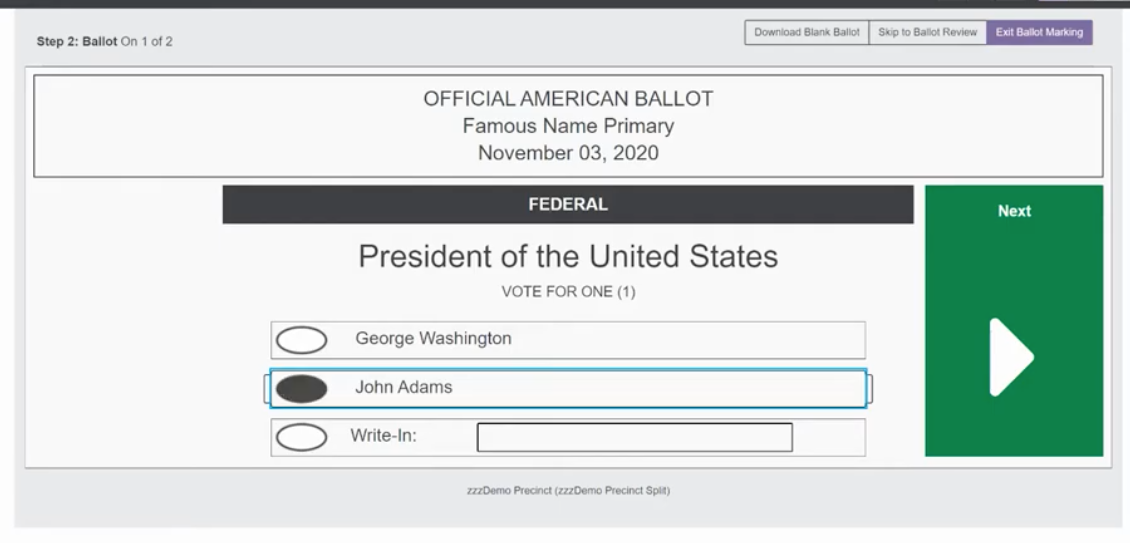 VotingWorks Accessible Vote-by-Mail marking sample VotingWorks Accessible Vote-by-Mail ballot marking sample with oval selected for candidate
