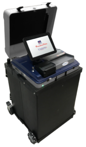 Black scanner with white touch screen reading "FreedomVote. Unisyn." Scanner has gray ballot slot and small black receipt printer below screen. Base of scanner is black.