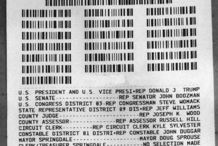 White ExpressVote ballot card with upper right corner cut. Printed on card is black barcode and voter selections of races from November 2016 election
