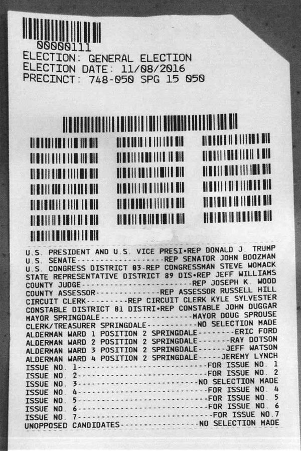 White ExpressVote ballot card with upper right corner cut. Printed on card is black barcode and voter selections of races from November 2016 election