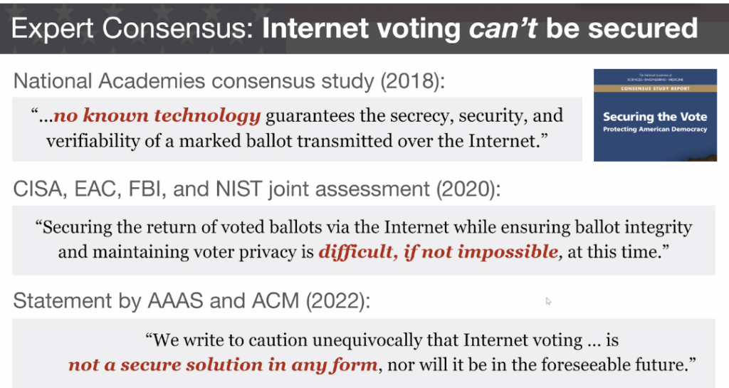 Expert consensus studies on why internet voting can't be secured 