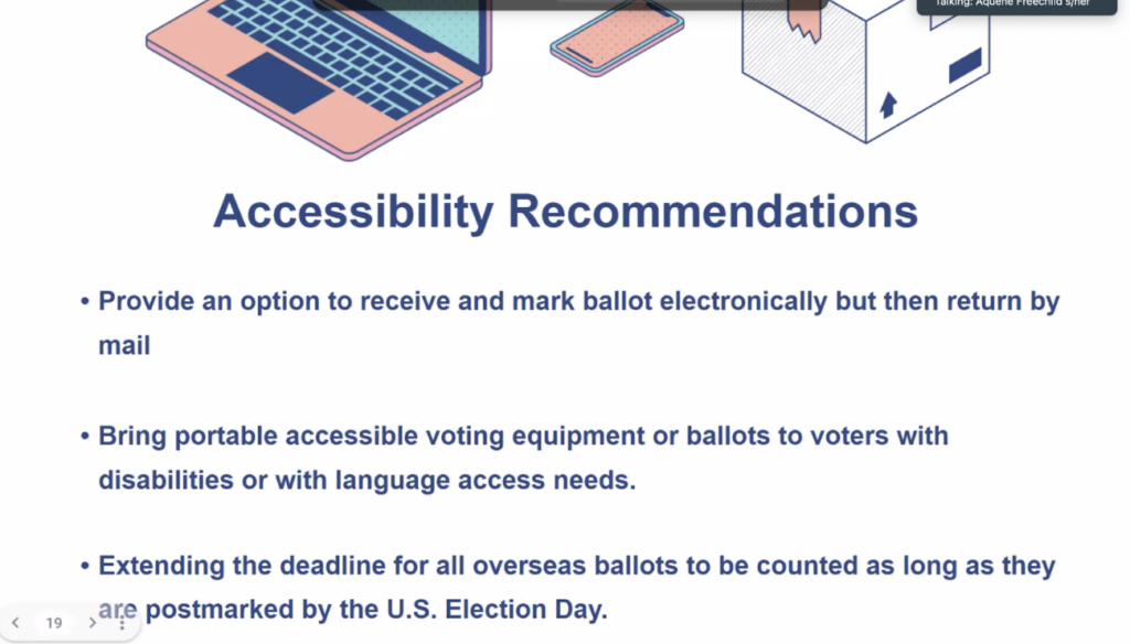 Slide: Accessibility recommendations including electronic ballot delivery with mail return, bringing voting to voters where they are, and extending deadlines for military overseas voters