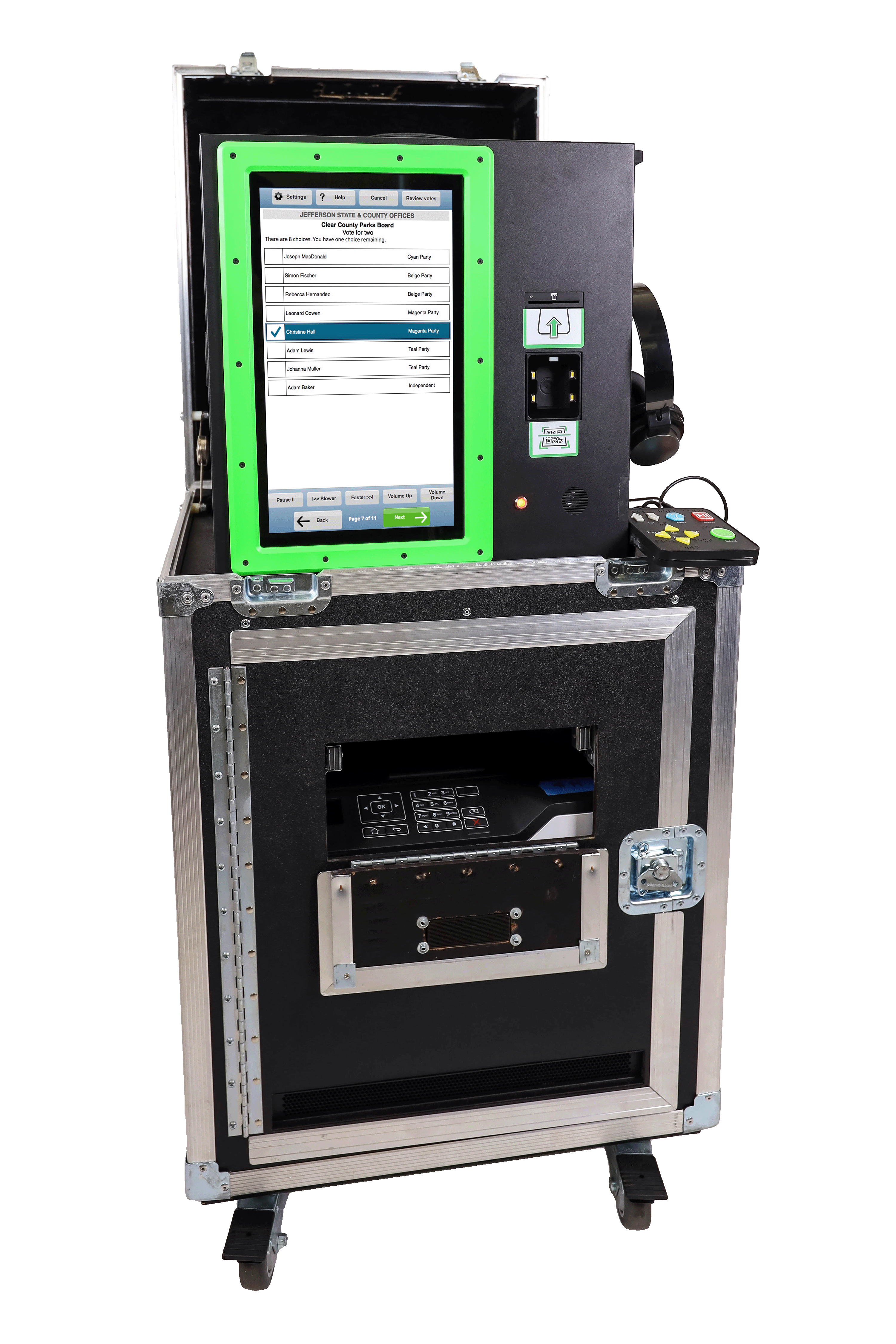 Touchscreen voting machine with neon green frame is positioned on black and silver base. Base has a locked door and wheels. To the right of touchscreen is a tactile controller and headphones.