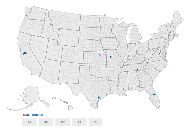 Gray map of U.S. to show where (in blue) ES&S DS300 scanner is used in 2024. A few counties in California, Kansas, Missouri, Texas, Tennessee, Florida, and Virginia are shaded.