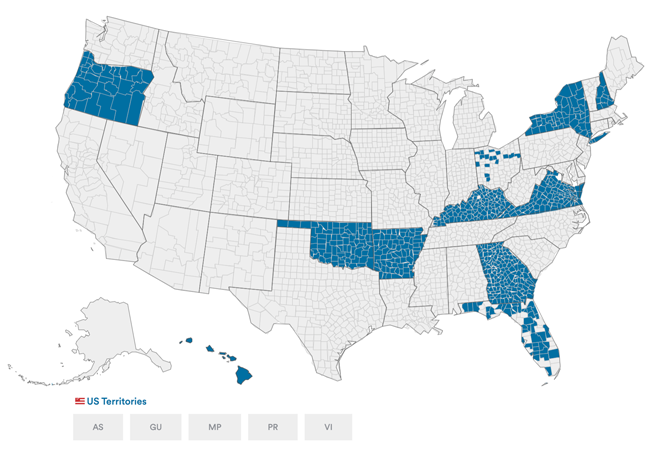 Gray map of United States displaying in blue where Enhanced Ballot system is used in November 2024. Oregon, Hawaii, Oklahoma, Arkansas, Kentucky, Virginia, Georgia, New York, and New Hampshire are completely shaded blue. Some counties in Ohio and Florida are shaded.