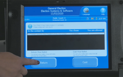 White hand with nail polish presses Return button on blue ballot scanner screen. Screen reads General Election, Election Systems & Software, 11/03/2020 and includes a Return button and a Cast button