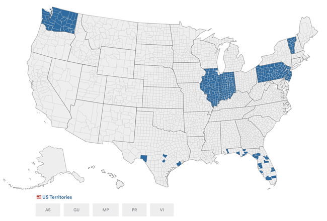US map showing in blue where Democracy Live's OmniBallot Online and LiveBallot systems are used in 2024
