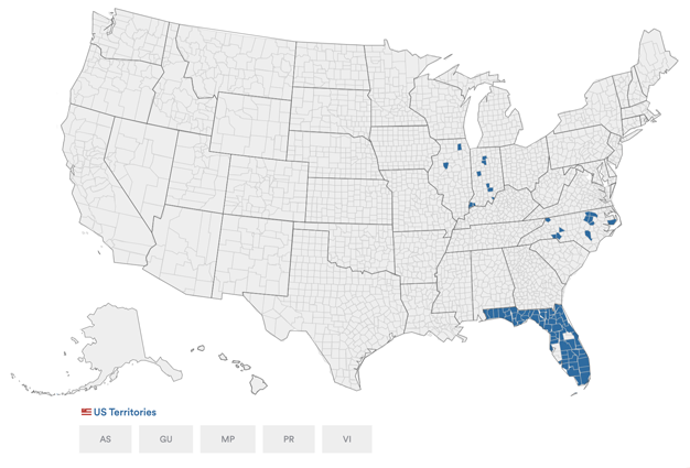 Gray map of US with blue counties highlighted to indicate where VR Systems' EViD electronic poll book is in use