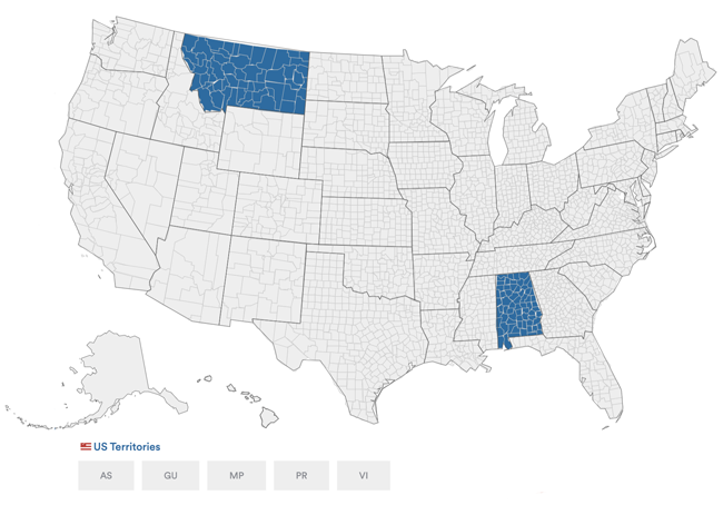 US map showing in blue where Votem's internet voting web portal is used by certain voters
