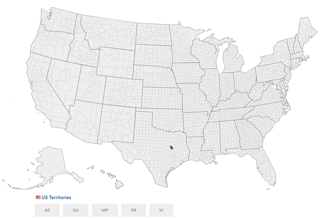 US map showing one county in Texas that uses the iVotronic voting machine. It is highlighted in blue