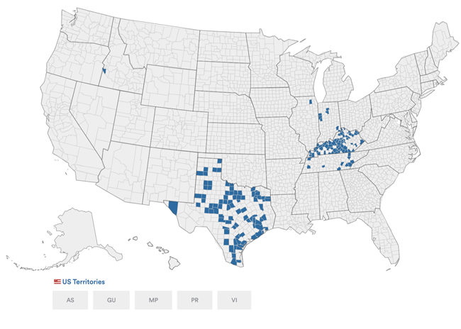 Map showing which counties use Verity Duo ballot marking device highlighted in blue. Many counties in Texas and Kentucky are highlighted