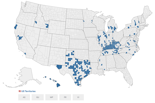 US map showing in blue counties using Verity Scan tabulators.