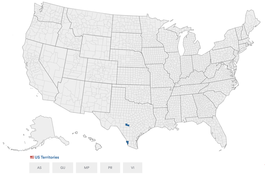 US map showing counties using Verity Touch DRE voting machine in blue. A few counties in Texas are highlighted